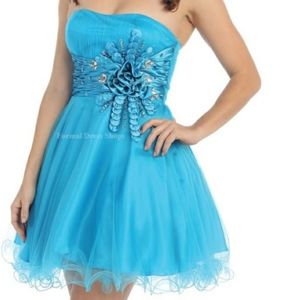Tulle strapless prom quinceanera, teal blue dress